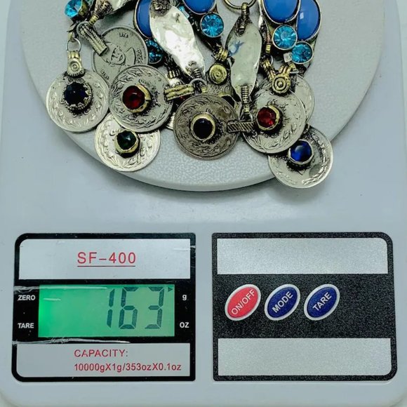 Tribal Dangling Coins Choker Necklace, Long Choker Necklace With Turquoise Stone - Picture 6 of 6